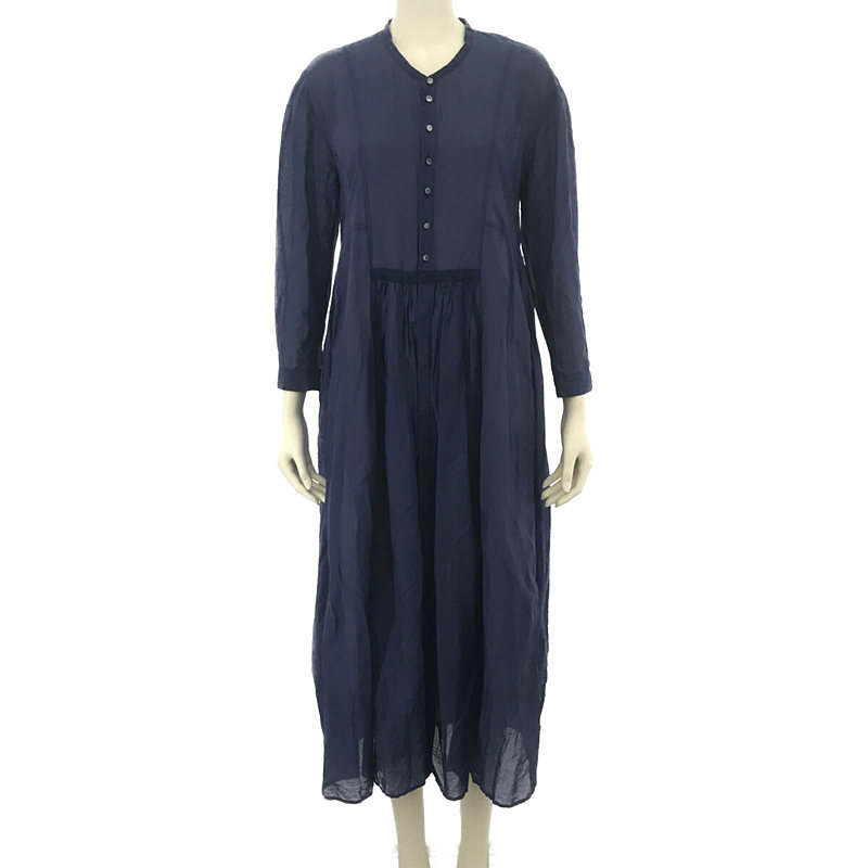 gathered dress コットンシルク バンドカラー ギャザー ロング ドレス ワンピース navy