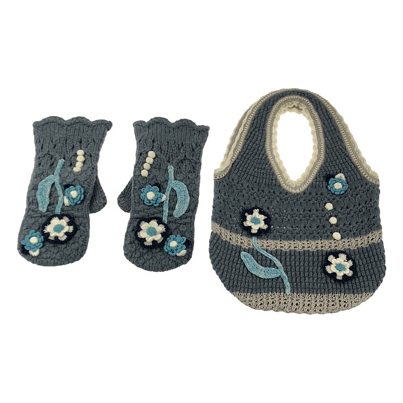 2セット Floral Motif Hand－Knitted Handbag / ハンドバッグ × Floral Motif Hand－Knitted Gloves / グローブ 手袋