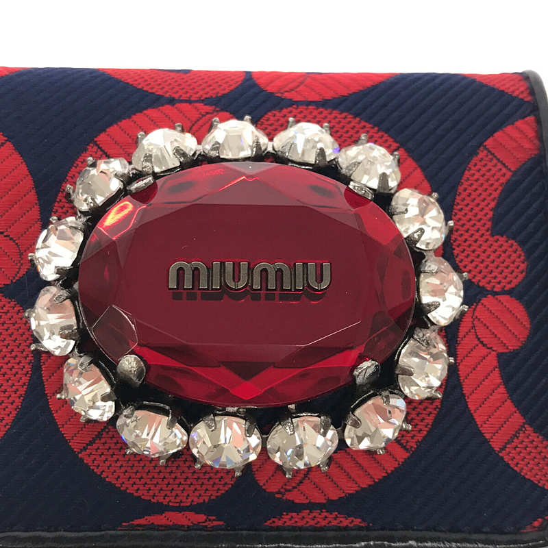 miu miu / ミュウミュウ レザー 切替 シルク ジャガード 刺繍 クリスタル ビジュー 装飾 コインケース 財布 箱・保存袋有