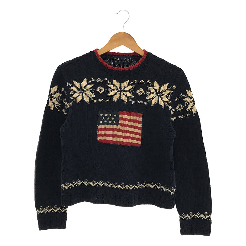 Ralph Lauren - RALPH LAUREN / ラルフローレン | 1990s | 90s VINTAGE ヴィンテージ コットン 星条旗 スノーフレーク インターシャ ニット | M | ネイビー | レディース 90s VINTAGE ヴィンテージ コットン 星条旗 スノーフレーク