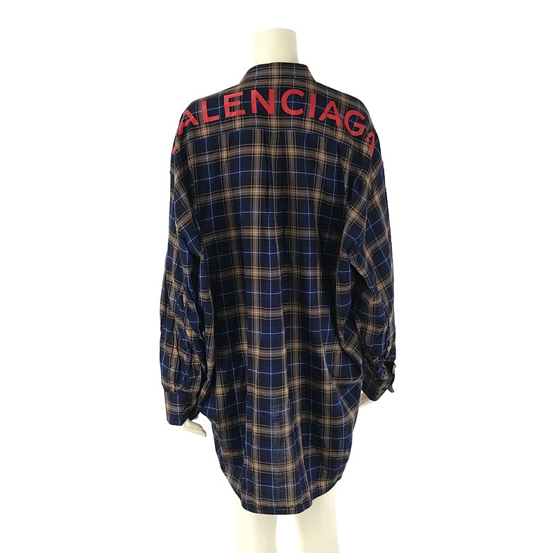 BALENCIAGA / バレンシアガ コットン ビスコース リヨセル チェック バック ロゴ プリント スカーフカラー シャツ