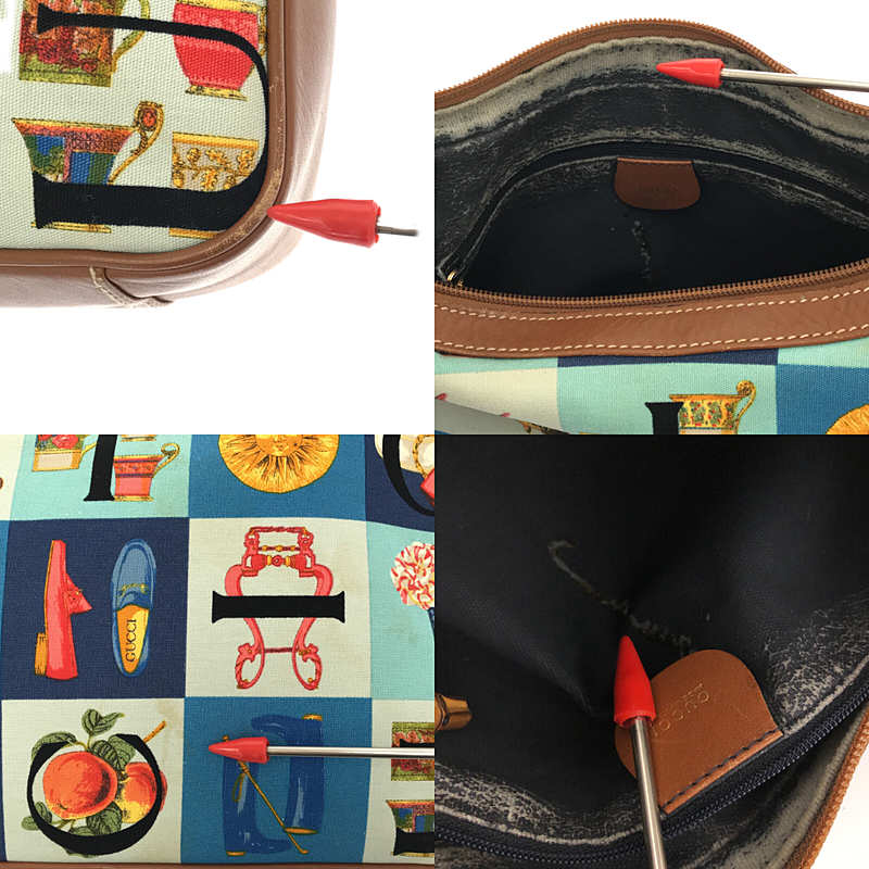 その他 OLD オールド イタリア製  レザー 切替 イラスト バンブー ジップ ショルダー バッグ 保存袋有