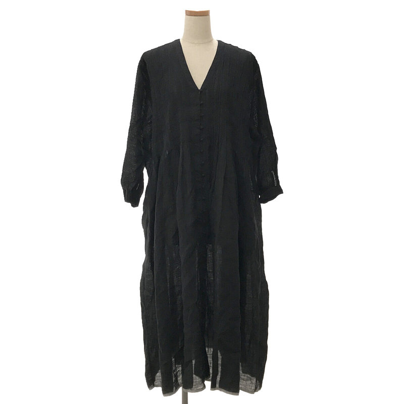 80'S HANDWOVEN LINEN PLAIN WITH SELVAGE RANDOM PLEATS V-NECK FRONT OPENING DRESS 手織りリネン ピンタックワンピース