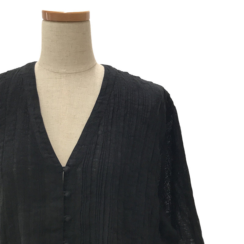 maison de SOIL / メゾンドソイル 80'S HANDWOVEN LINEN PLAIN WITH SELVAGE RANDOM PLEATS V-NECK FRONT OPENING DRESS 手織りリネン ピンタックワンピース