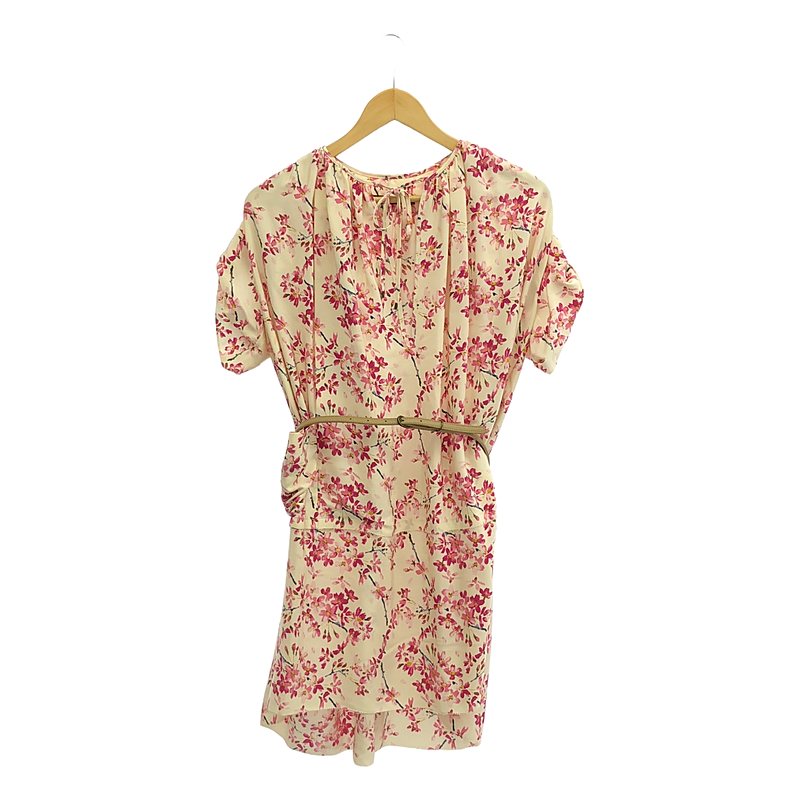 BALENCIAGA / バレンシアガ silk 100％ / シルク 総柄 ギャザー ベルテッド ドレス ワンピース