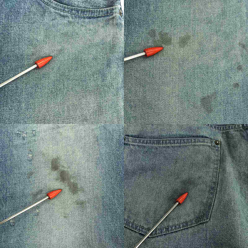 chimala / チマラ ダメージ・ヴィンテージ加工 レザーパッチ カットオフ デニムパンツ