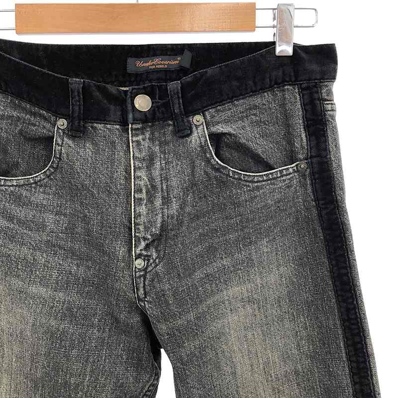 その他 魔女期 ダメージ加工 ベロア切替 サイドライン ブラックデニムパンツ