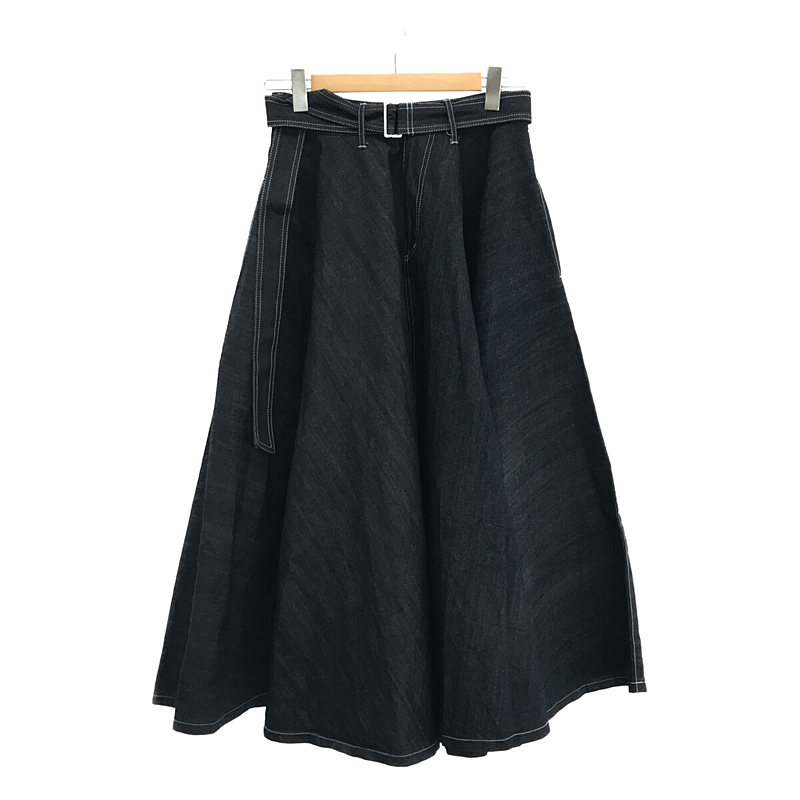 denim skirt リジッド濃紺デニム スーパーフレア ロングスカート ベルト付き