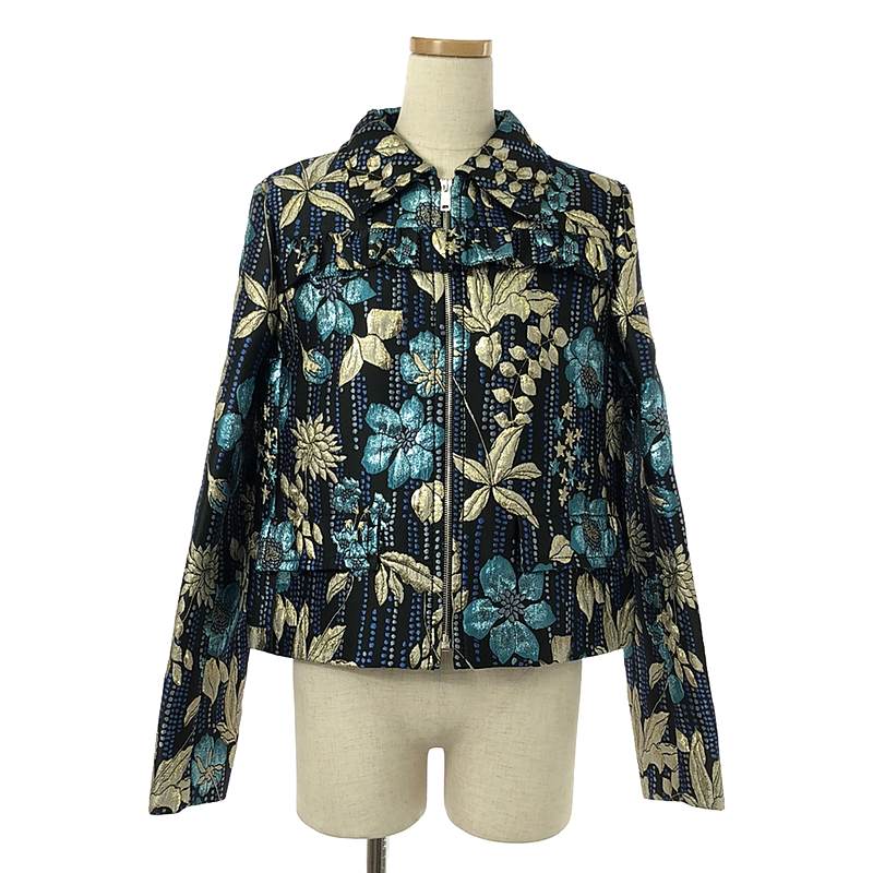 CLOQUET FLOWER JACKET / シルク混 フラワー ジャガード フリル ジップ ジャケット / 総裏地