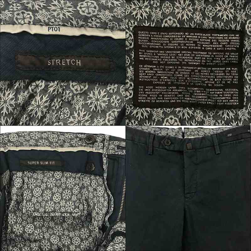 PT01 / ピーティーゼロウーノ SUPER SLIM FIT STRETCH 裏地 ジャガード 刺繍 切替 ストレッチ スラックス パンツ