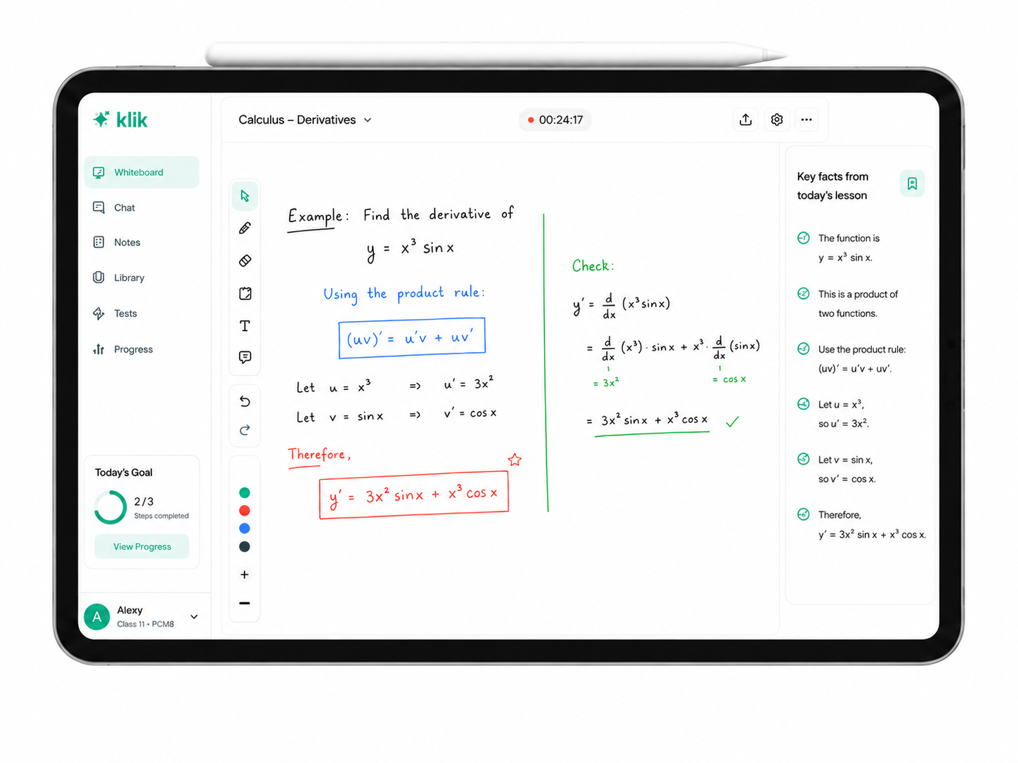 Klik lesson workspace running on iPad - Calculus derivatives example with handwritten working and key facts sidebar
