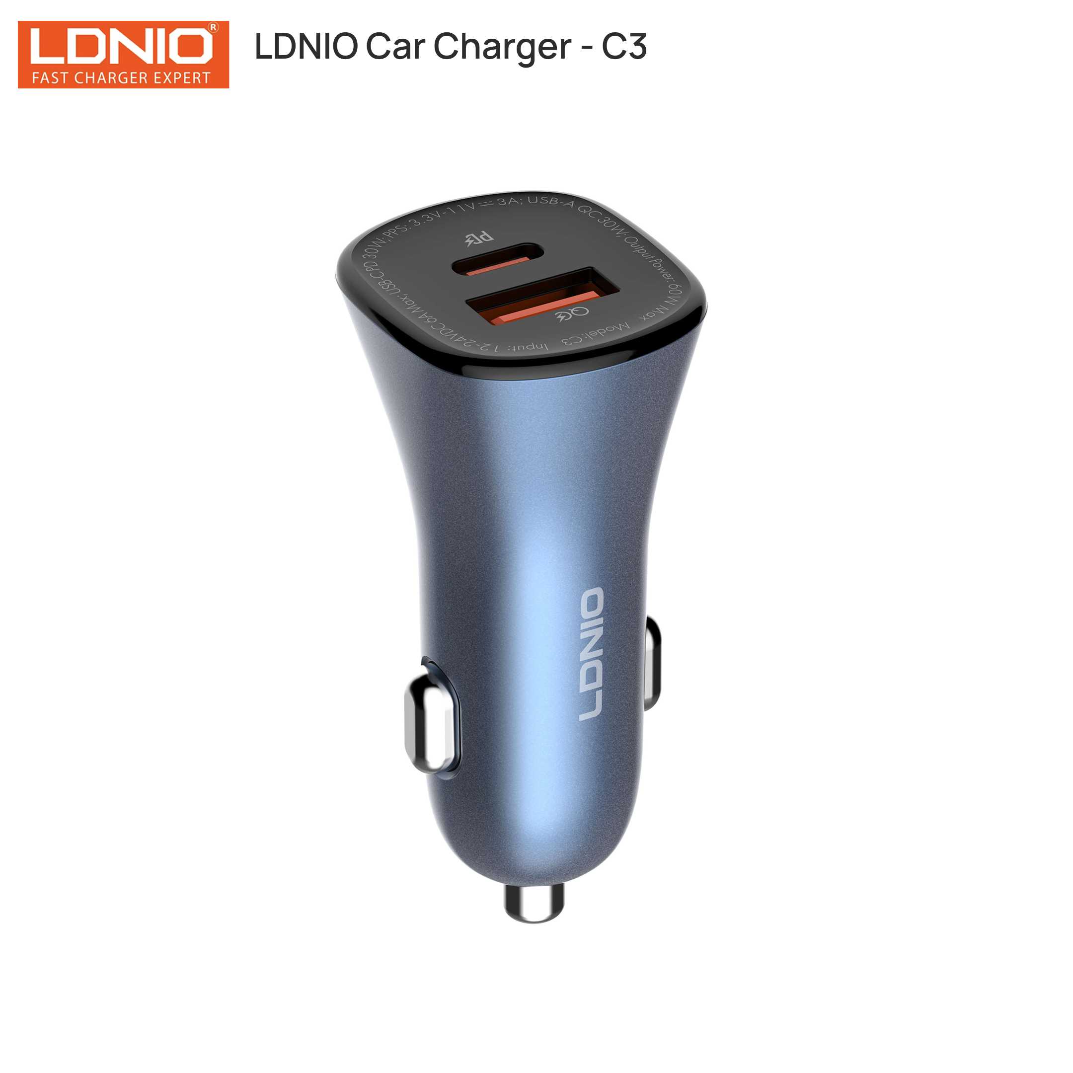 KM Lighting - LDNIO Car Charger - (C3 / 60W) 1USB-A 1USB-C