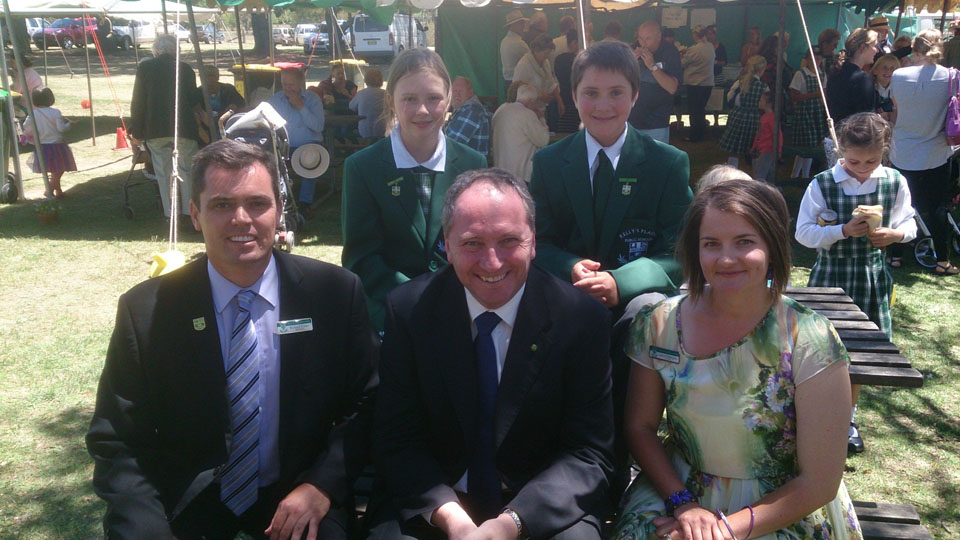 Federal Member for New England, Barnaby Joyce, talks with Girl School Captain, Lucy Gardiner, Boy School Captain, Liam Smith, Principal Richard Cotter and Lower Division Teacher Lauren Piddington at the Kelly?s Plains 150th celebrations.
