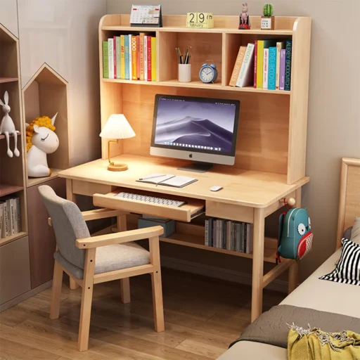 實木書架書桌帶抽拉鍵盤架