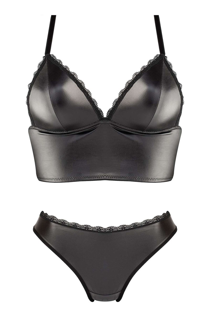 Women's Black Leather Light Push Up Bra & Panty Set – Hindamco