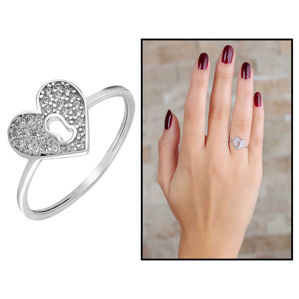 Women’s Zircon Gemmed Heart Design 925 Carat Silver Ring