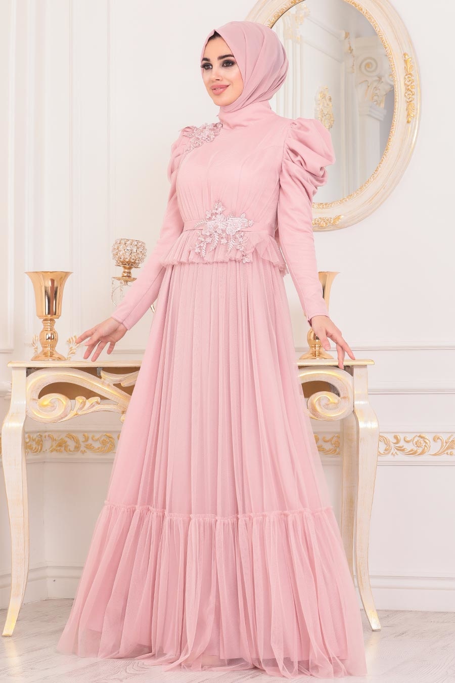 Women's Powder Rose Modest Evening Dress - Shaden Fashion