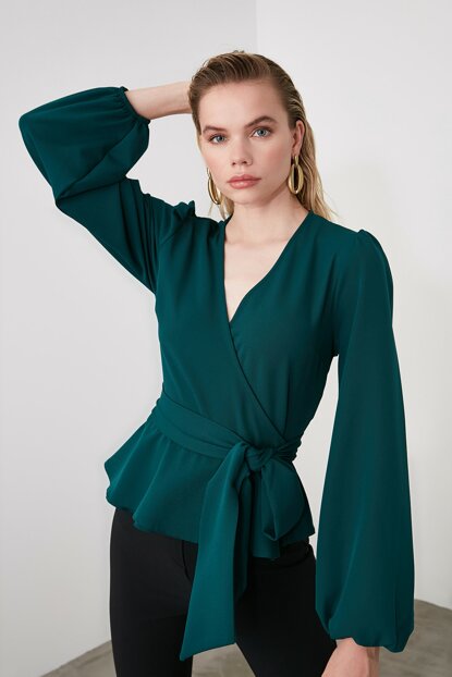 Women’s Wrap Collar Emerald Green Blouse - ModesTune