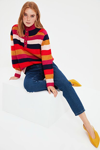 Women’s Button Detail Striped Tricot Sweater
