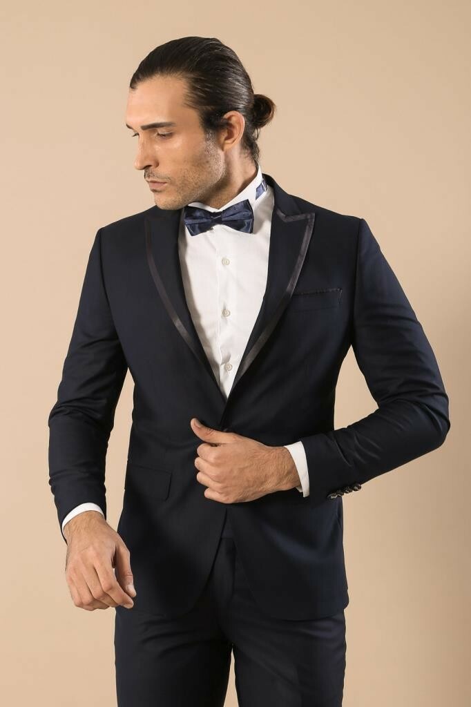 Men’s Satin Banded Collar Navy Blue Formal Suit Set