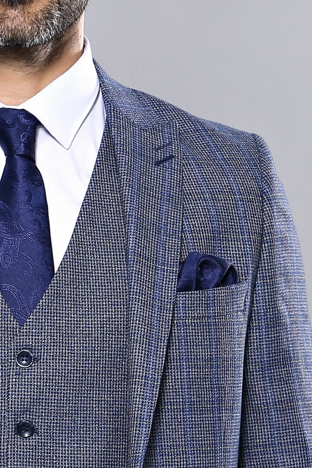 Men’s Checkered Navy Blue Slim Fit Formal Suit Set