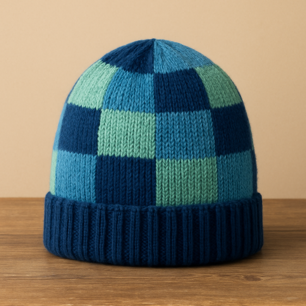 Retro Ocean Blues Checkered Beanie - Free Pattern