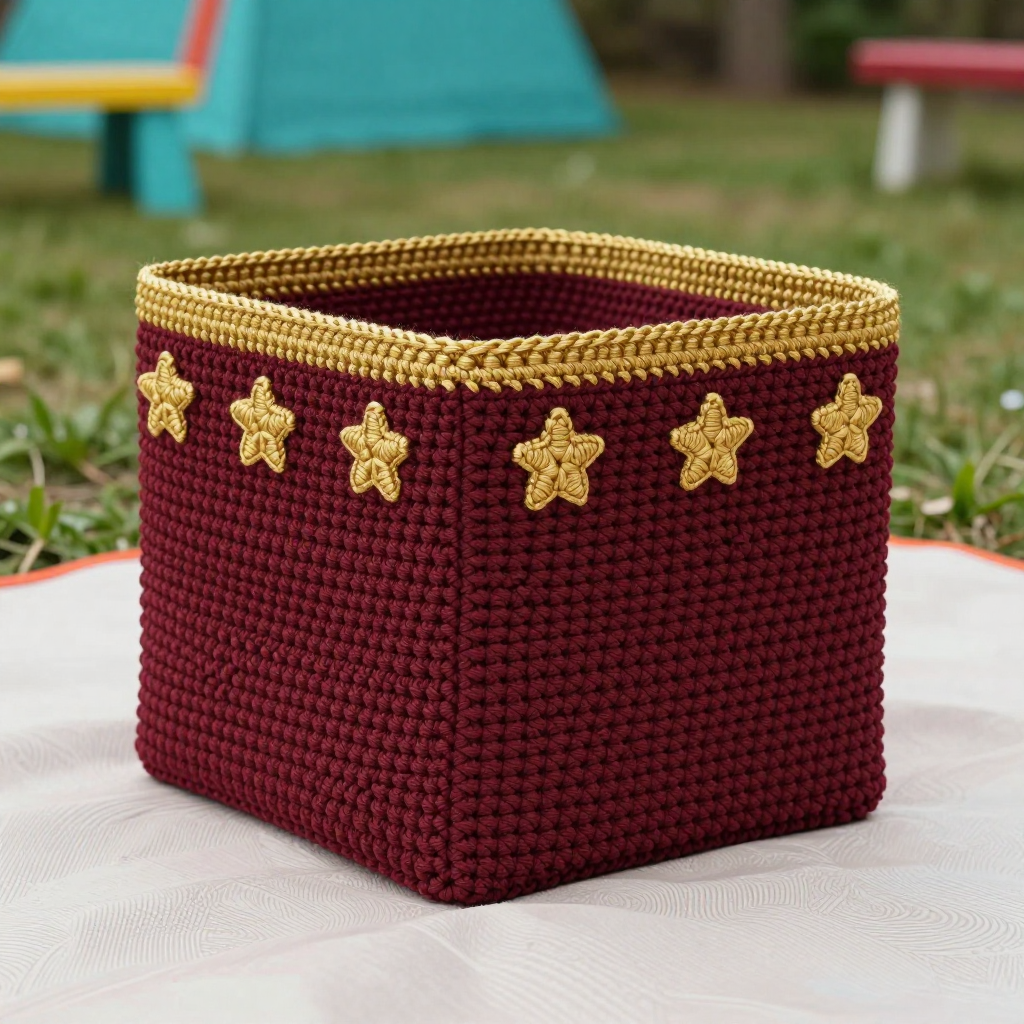Burgundy Basketweave Basket with Gold Stars Free Crochet Pattern