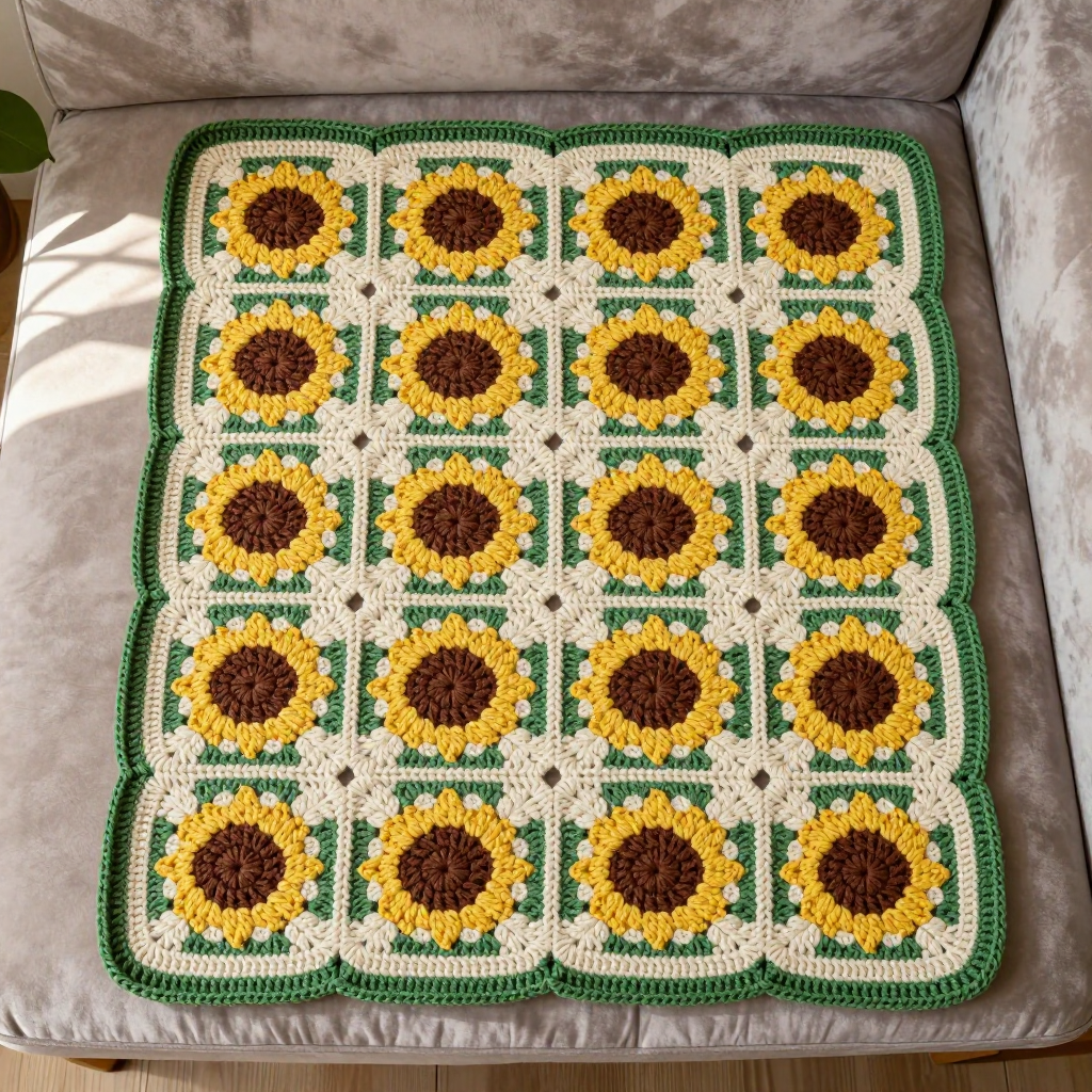 Sunflower Motif Crochet Tea Towel Free Pattern: A Granny Square Bloom Grid