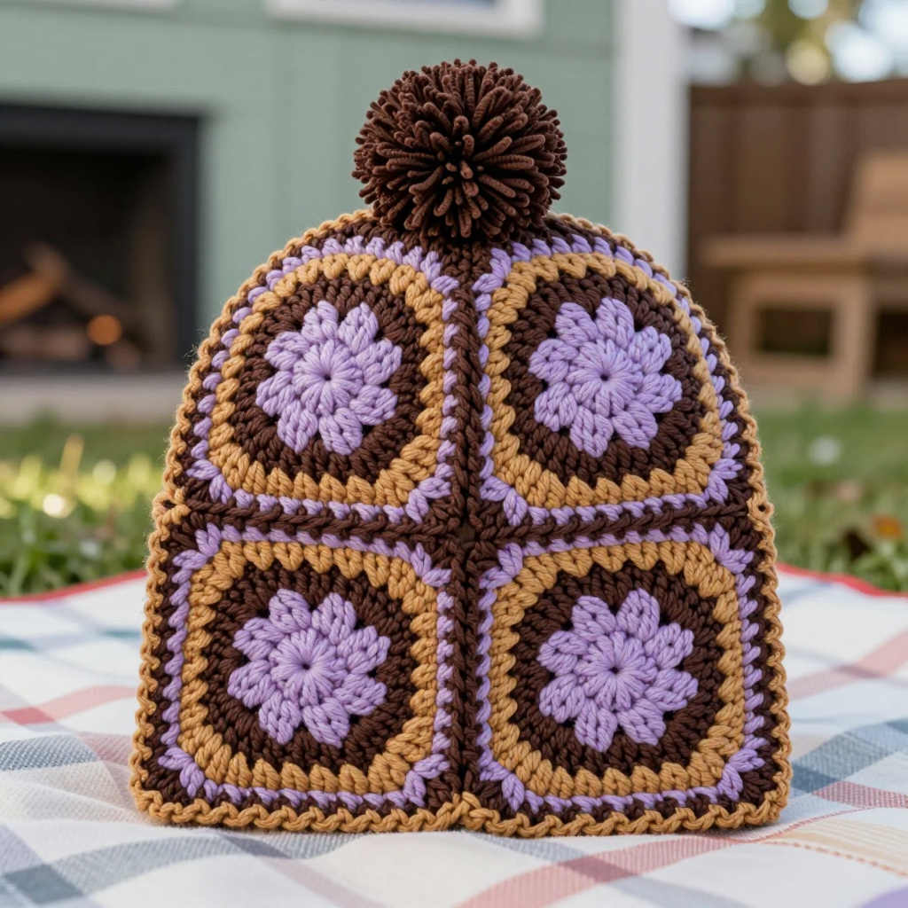 Retro Caramel Flower Square Hat - Free Crochet Pattern
