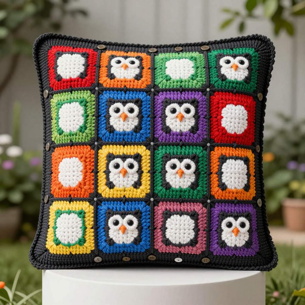 Rainbow Owl Granny Square Cushion Cover Free Crochet Pattern