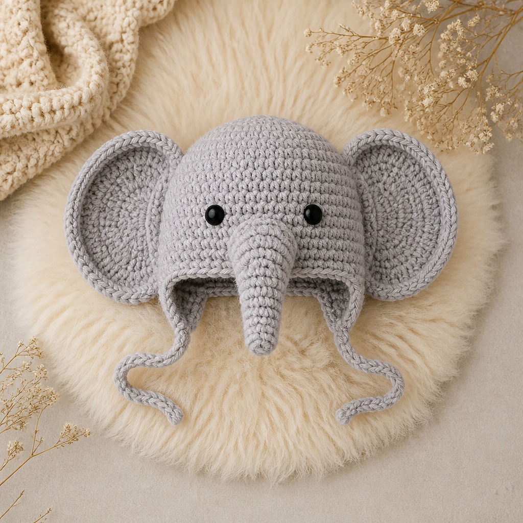Crochet Adorable Elephant Earflap Hat Free Pattern