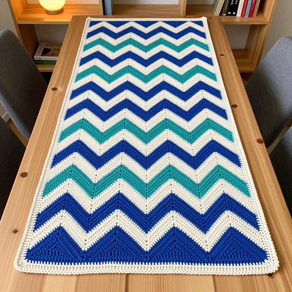 Marina Chevron Crochet Table Runner Free Pattern: An Art Deco Ocean Blues Design