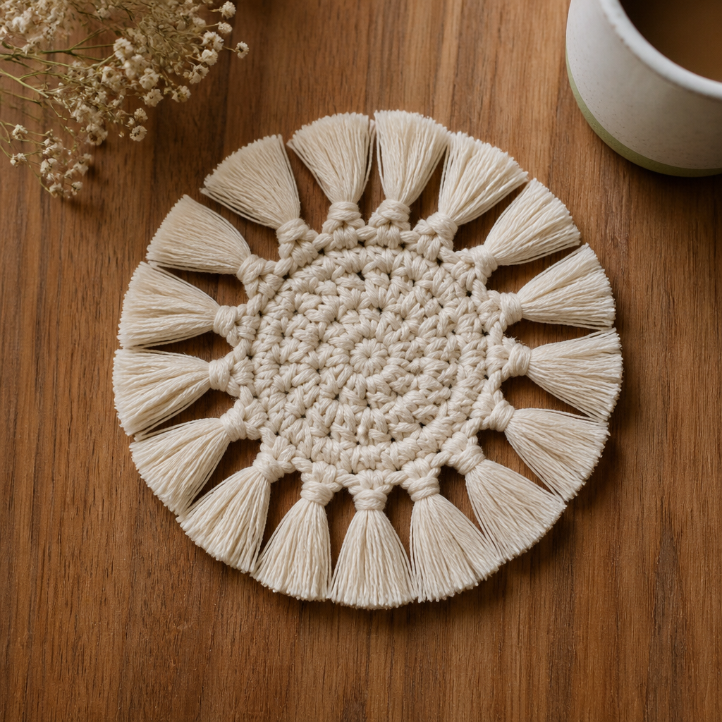 Crochet Elegant Round Tassel Coaster Free Pattern