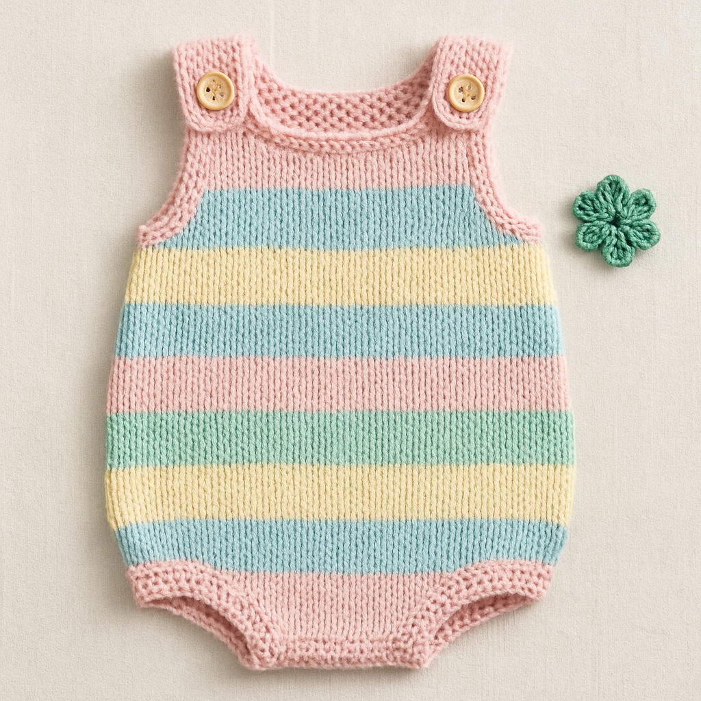Pastel Y2K Baby Romper with Striped Colorwork - Free Pattern