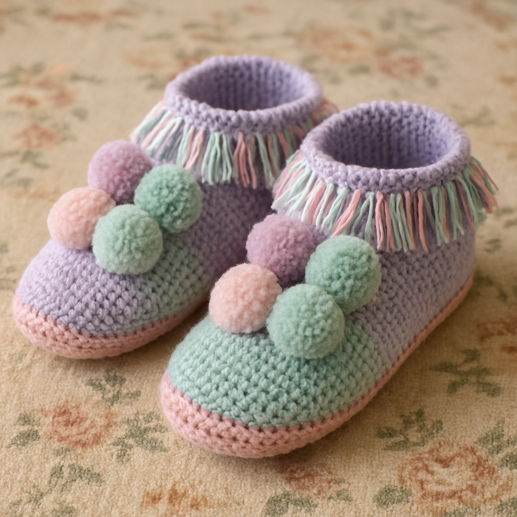 Vintage Retro Pastel Pom-Pom Slippers - Free Pattern