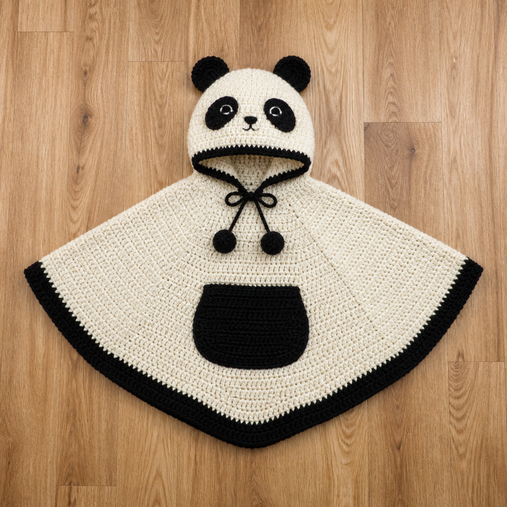Crochet Adorable Panda Hooded Poncho Free Pattern