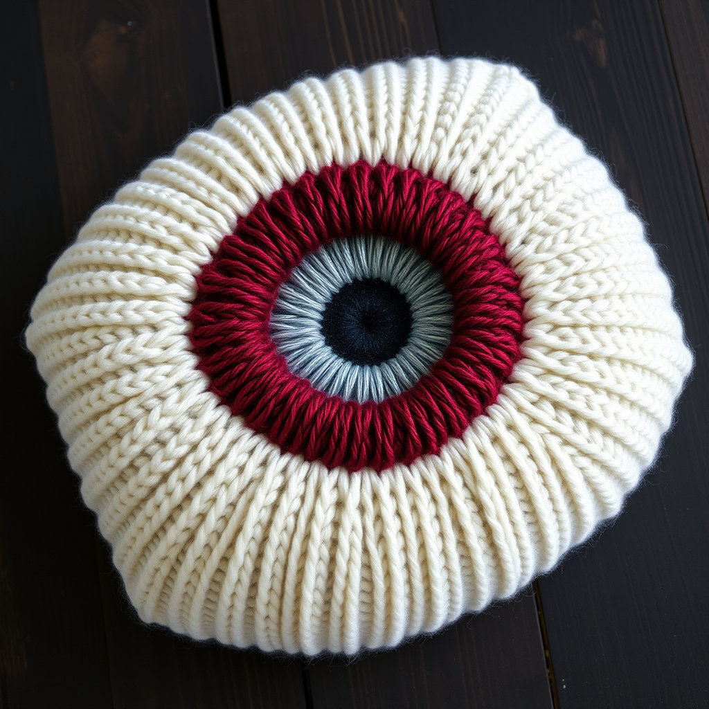 The Spectral Gaze Throw Pillow Free Pattern – A Knitted Halloween Eyeball Cushion with Iridescent Pupil