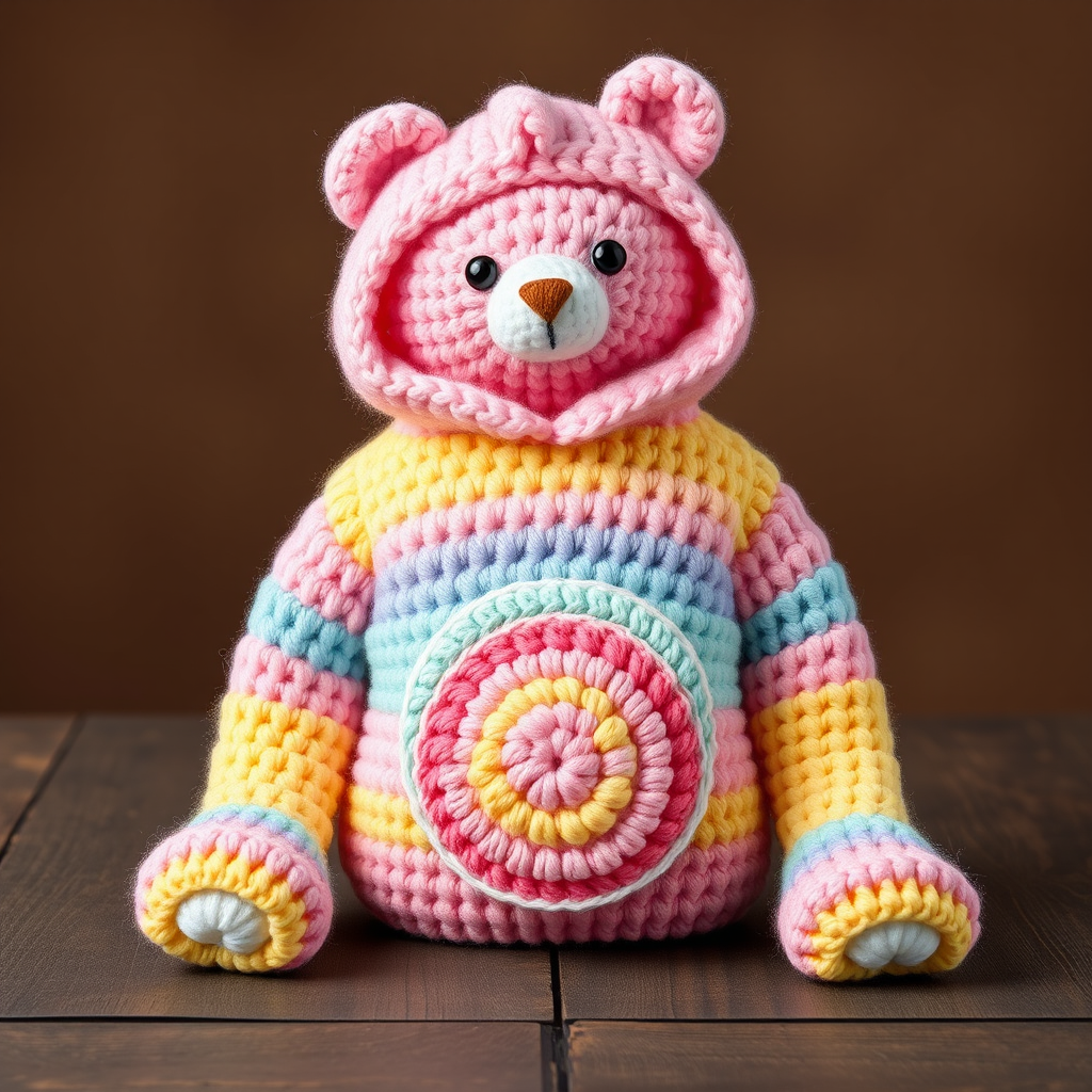 Sunny Snuggle Bear Costume Free Pattern – Crochet Care Bear Hoodie with Rainbow Belly Patch