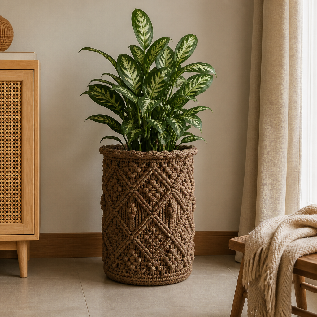 Crochet Rustic Textured Plant Basket Free Pattern