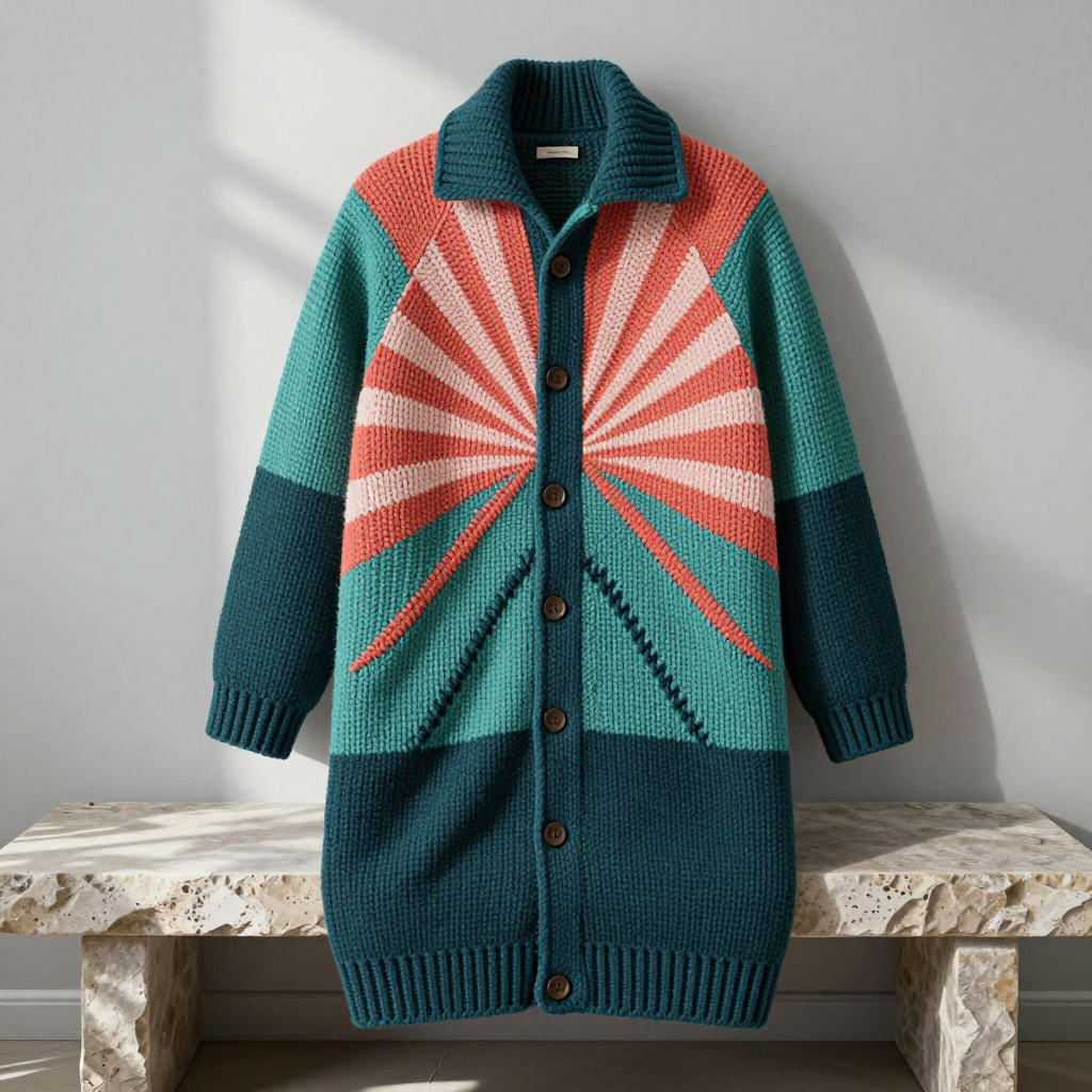 Teal Horizon Entrelac Overcoat: Free Knit Pattern with Sunburst Chest Panel