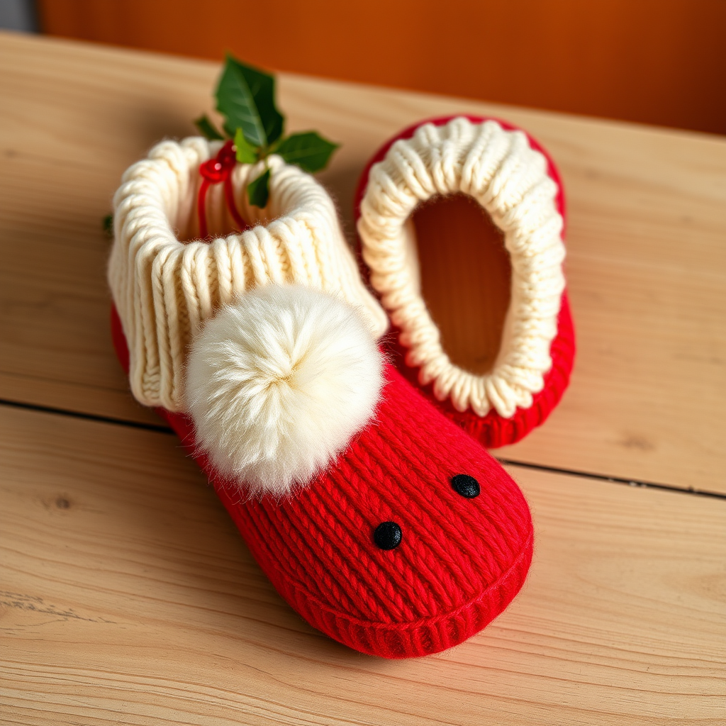 The Jolly Stroll Knitted Santa Slippers Free Pattern – A Cozy Holiday Classic with Pom-Pom Accents