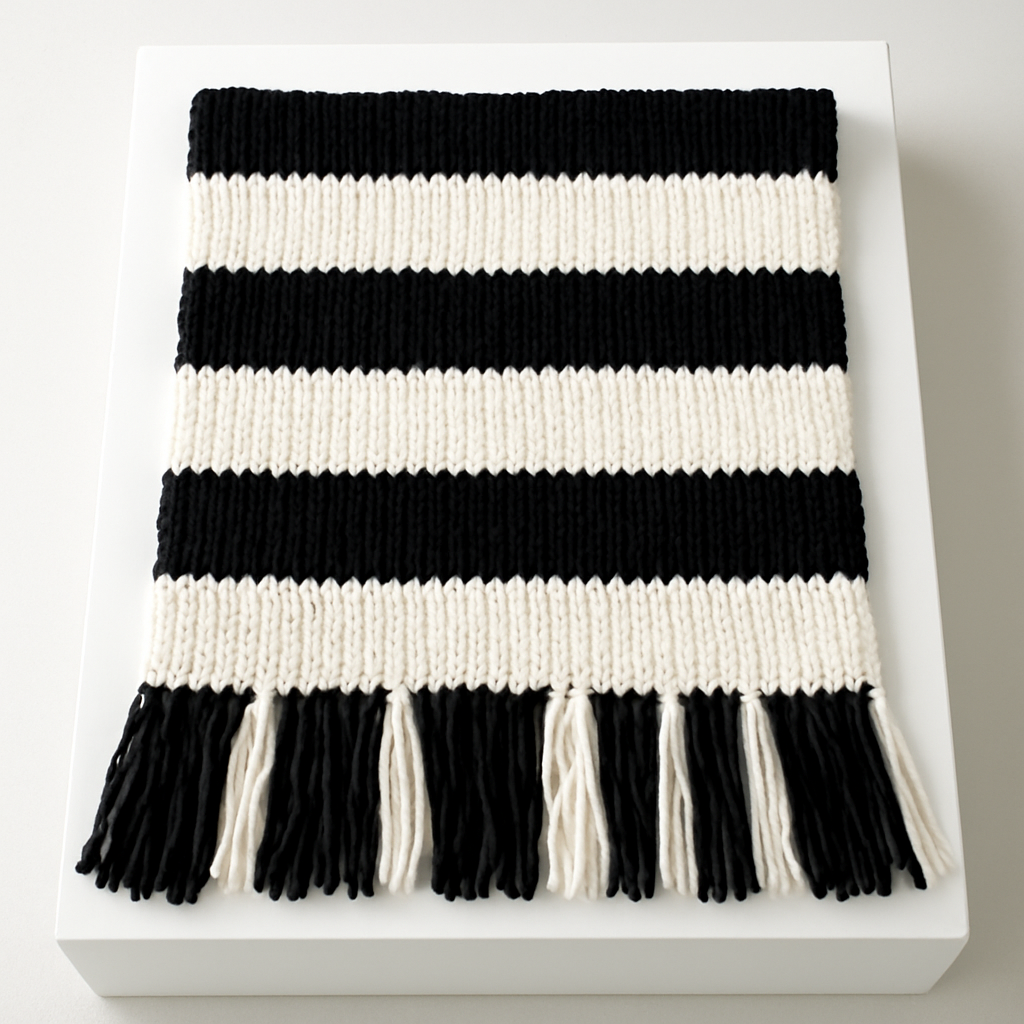 Avant-Garde Chunky Black and White Contrast Blanket with Fringe - Free Pattern