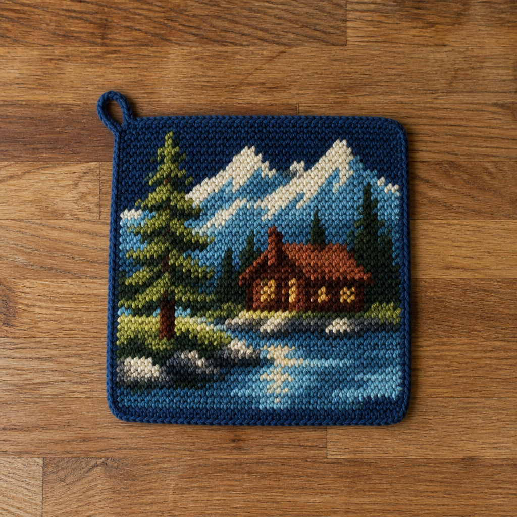 Crochet Scenic Mountain Cabin Tapestry Potholder Free Pattern