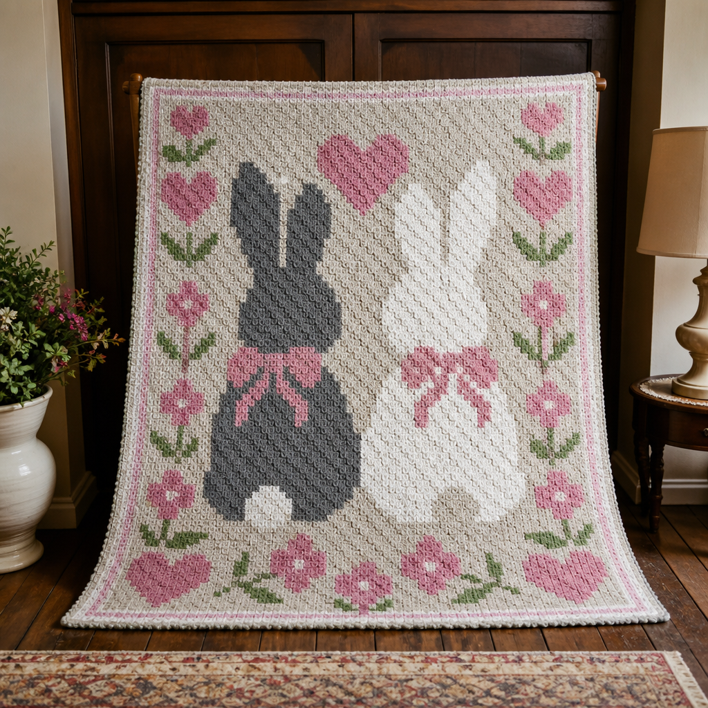 Crochet Charming Bunny and Floral C2C Blanket Free Pattern