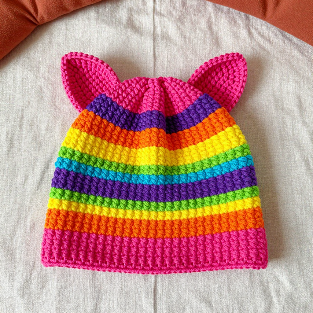 Neon Rainbow Cat Ear Crochet Beanie Free Pattern