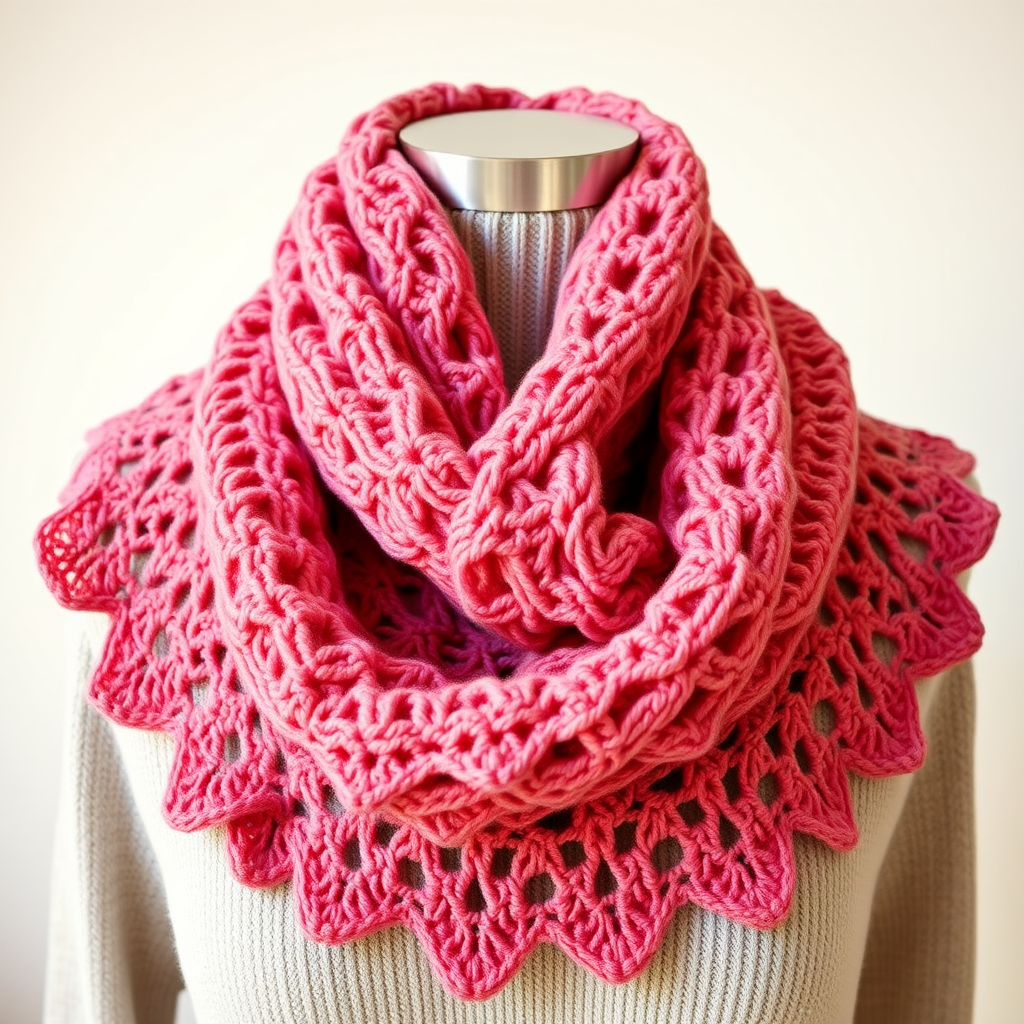 Vibrant Pink Crochet Lace Infinity Scarf