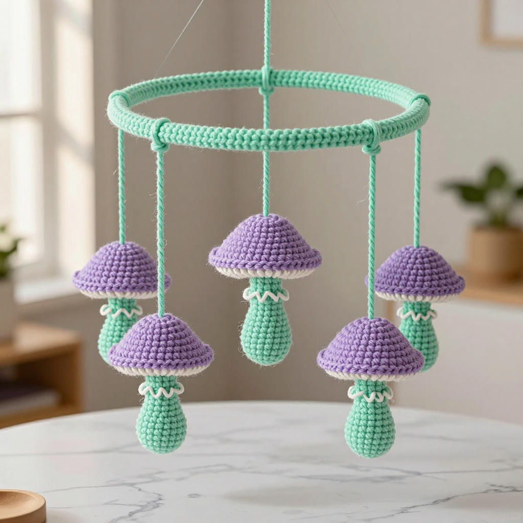 Lavender Mushroom Sprig Crochet Mobile Free Pattern