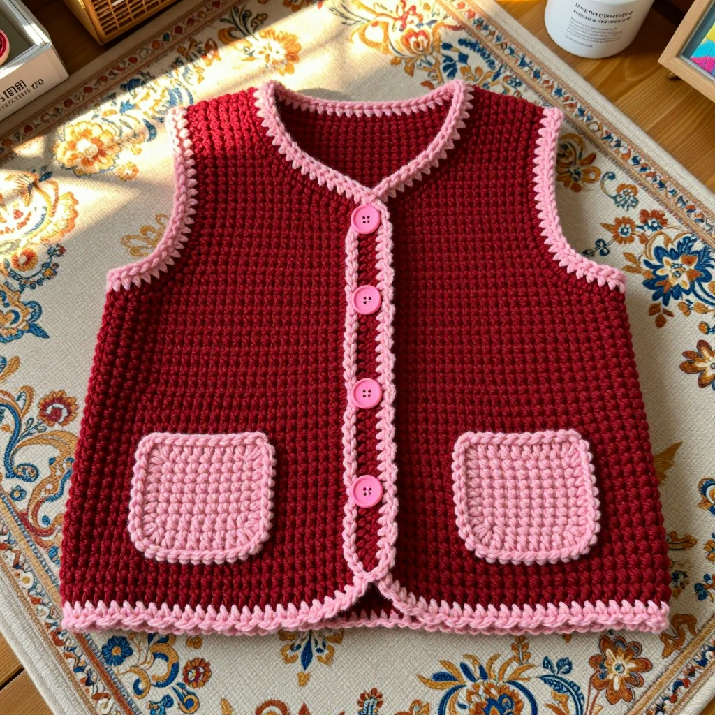 Cherry Red Folk Pocket Vest: Free Crochet Pattern