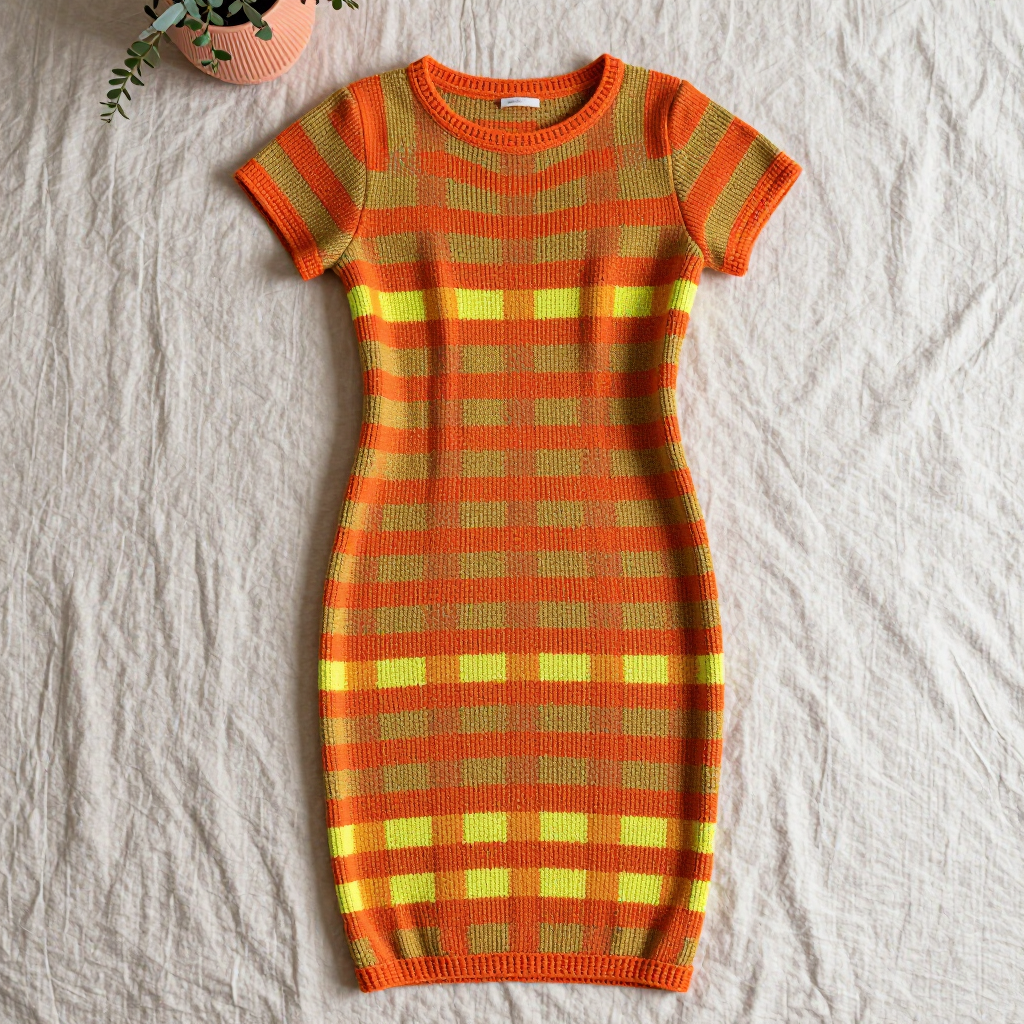Free Pattern: Butterscotch Stripe Ribbed Knit Dress with Neon Tangerine Linen-Stitch Stripes