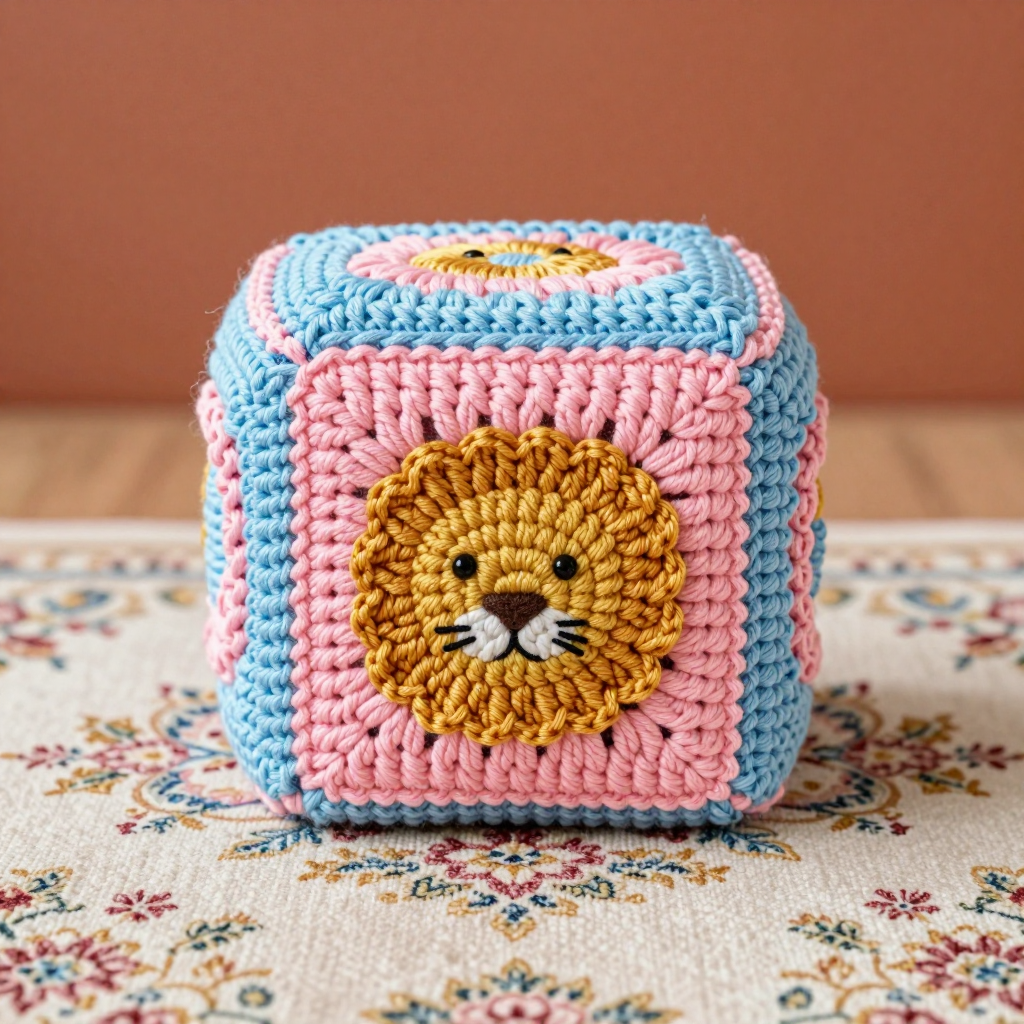 Farmhouse Lion Granny Square Cube Crochet Free Pattern